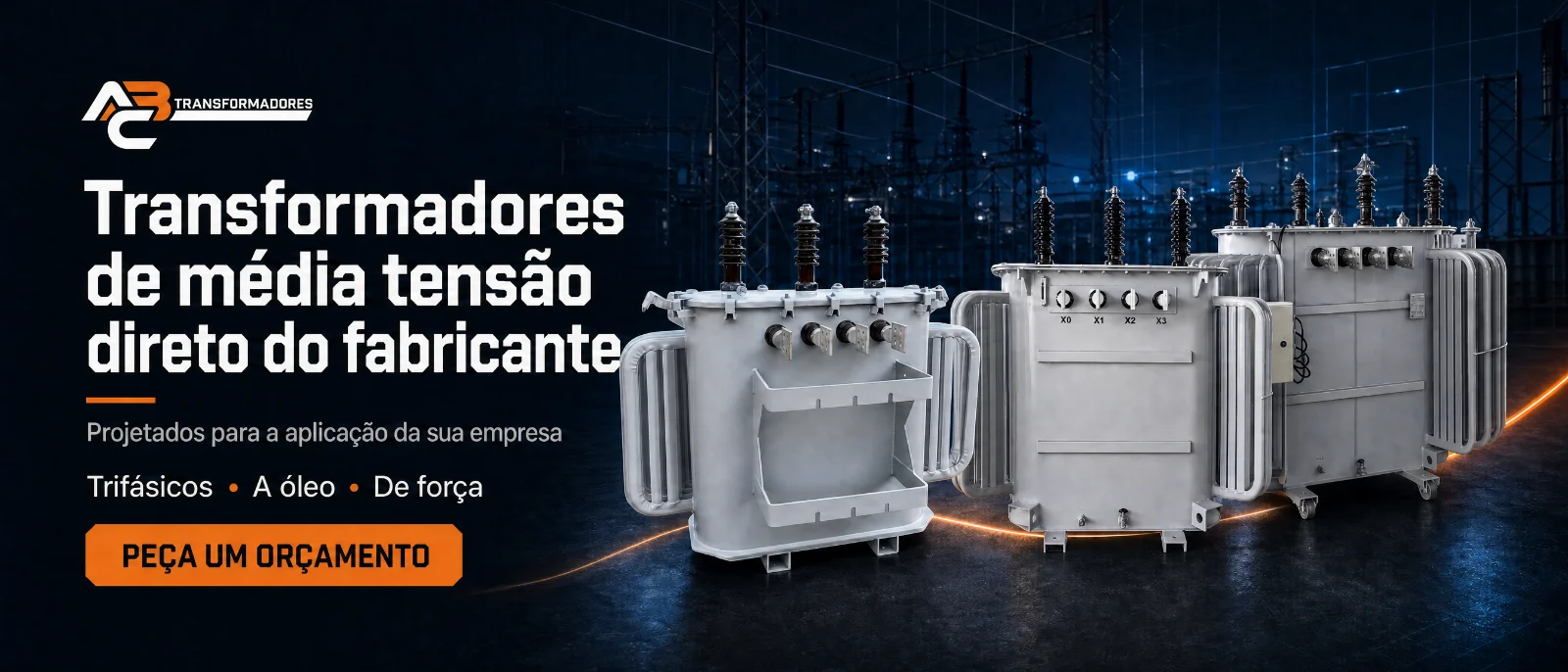 Transformadores de média tensão direto do fabricante — trifásicos, a óleo e de força, projetados para a aplicação da sua empresa. Peça um orçamento.