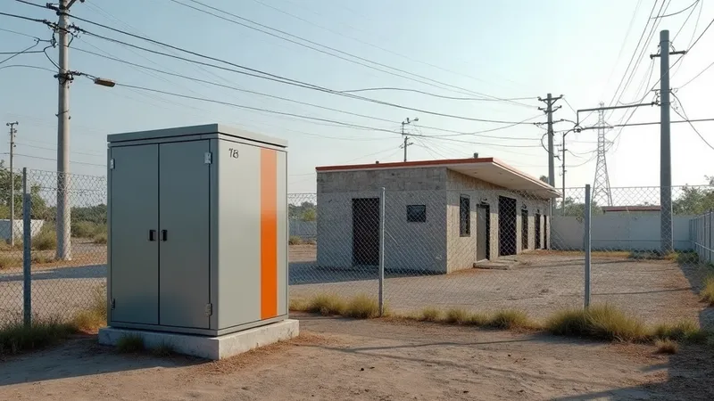 Subestação compacta blindada de média tensão em invólucro metálico ao lado de uma cabine de alvenaria, em pátio industrial.