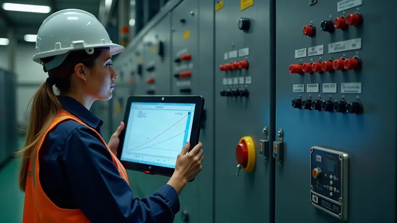 Engenheira analisando a curva de carga de uma fábrica em um analisador de energia diante do quadro geral.