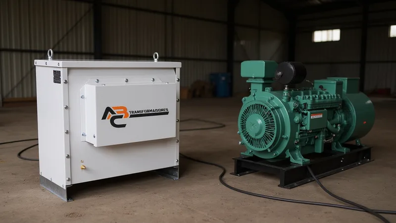 Gerador a diesel industrial ao lado de um auto transformador a seco, com cabos ligados a um quadro de transferência.