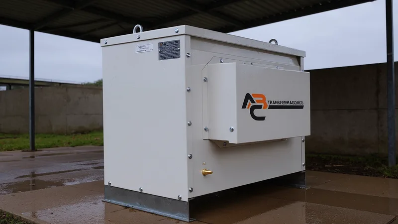 Caixa metálica branca de um transformador com venezianas de ventilação, instalada numa área industrial coberta.