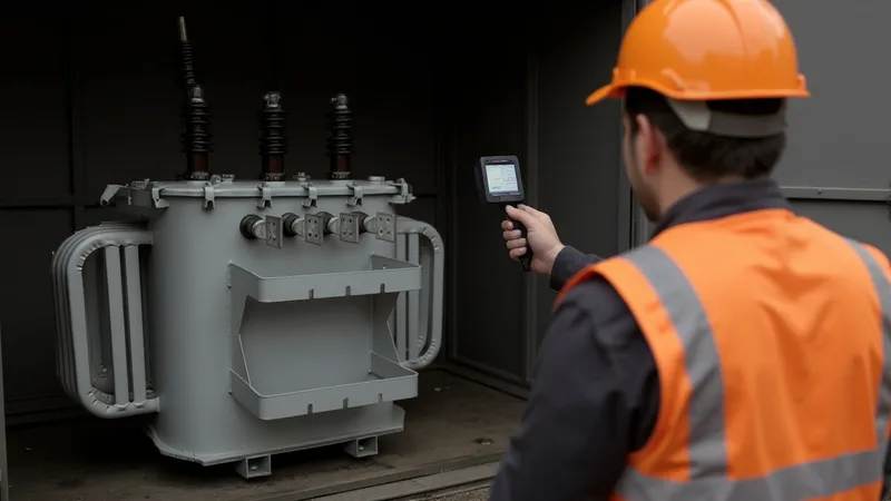 Técnico com equipamento de proteção fazendo termografia em um transformador de cabine primária.
