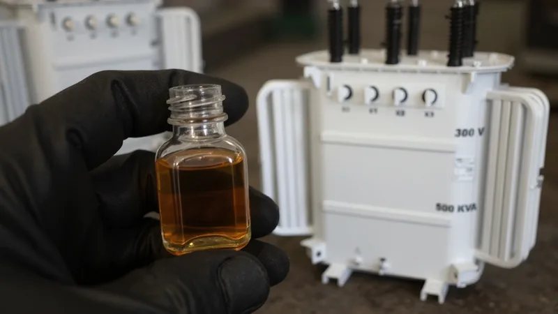 Amostra de óleo isolante em frasco de vidro ao lado de um transformador a óleo, em laboratório de manutenção.