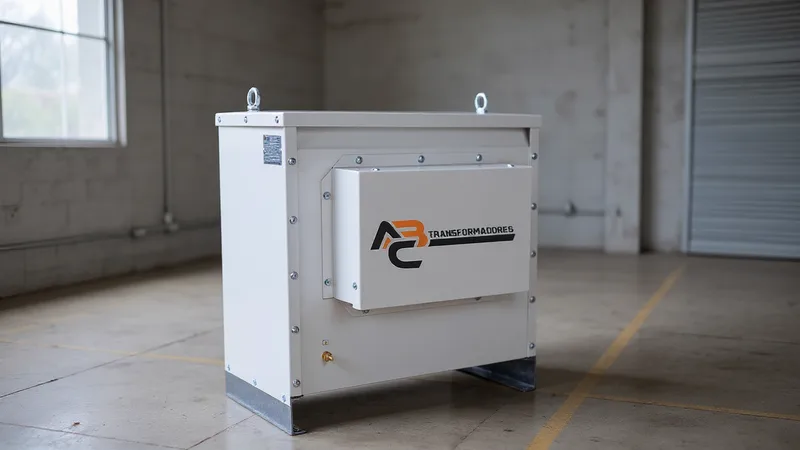 Sala elétrica limpa e ventilada com um auto transformador a seco instalado com espaço livre ao redor.