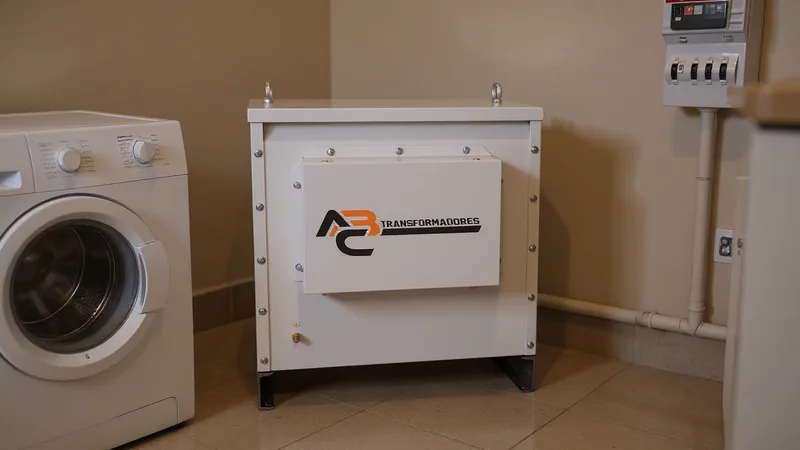 Auto transformador compacto instalado na parede de uma oficina doméstica, com espaço livre ao redor e boa iluminação.