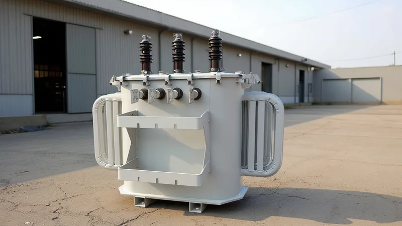 Um transformador a seco com bobinas encapsuladas ao lado de um transformador a óleo com radiadores, em uma subestação industrial.