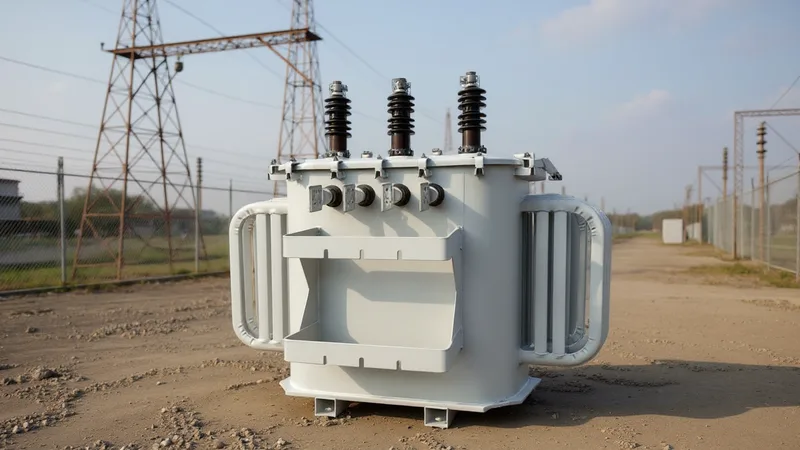 Grande transformador de força com radiadores e ventiladores em subestação, ao lado de um transformador de distribuição menor.