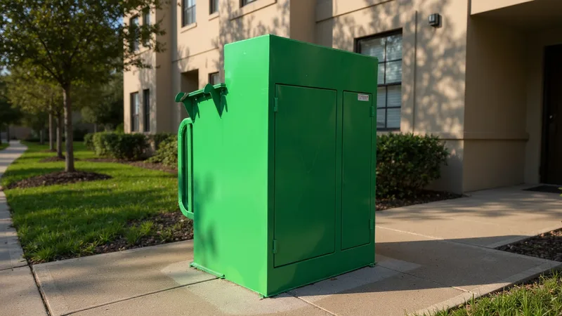 Transformador pedestal em invólucro metálico verde sobre base de concreto na calçada de um condomínio.